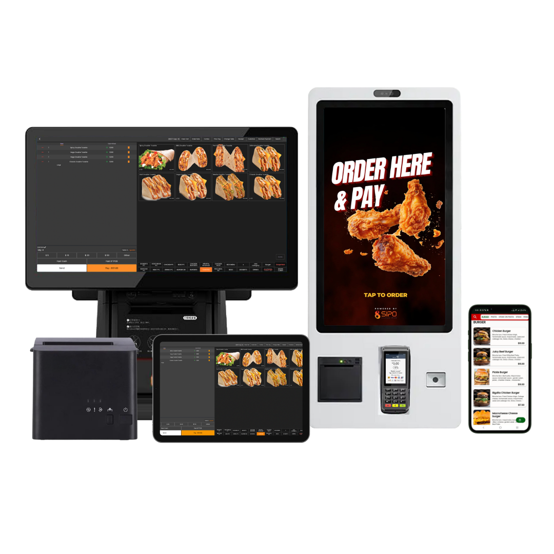 Sipo hardware family — POS terminal, self-ordering kiosk, EFTPOS machine, thermal printer, tablet POS and smartphone running online ordering